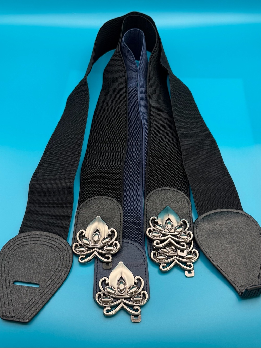 Women’s Black & Blue Elastic Belts with Decorative Silver Lotus Buckle